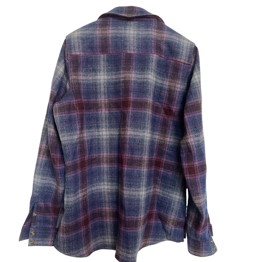 Woolrich Womens Purple Blue Plaid 100% Wool Flannel Shirt L Lumberjack Rustic - Picture 8 of 10
